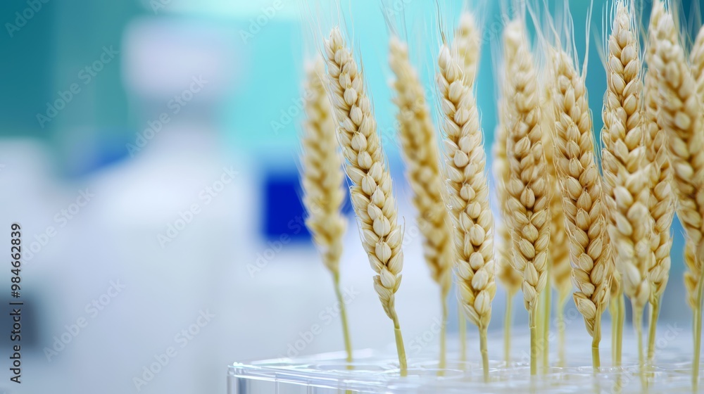 Wheat Lab Testing Wheat grains and stalks under examination in a laboratory, highlighting ...
