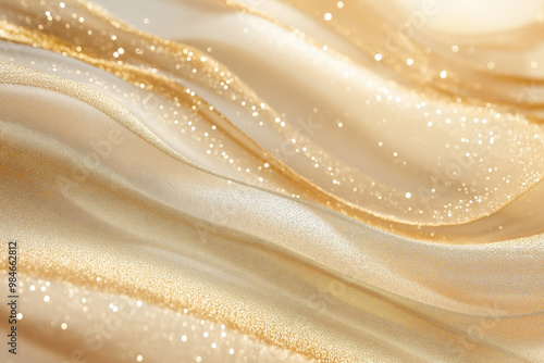 Gold glitter background with beautiful abstract shapes and sparkling lights. Soft, blurred texture of golden sand or cream for an elegant luxury design template. 