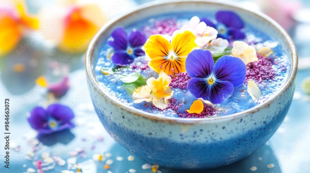 Colorful Edible Flowers in Blue Dessert Bowl Colorful Edible Flowers in Blue Dessert Bowl