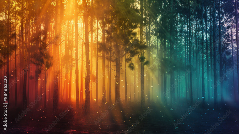 Fototapeta premium A forest where the trees start to sweat profusely due to the heat and humidity, with the air filled with droplets that turn into tiny rainbows