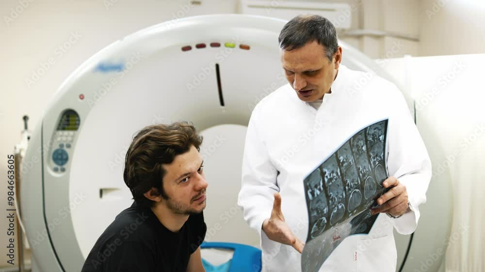 A young patient speaks with a doctor after an MRI procedure. The doctor is thoroughly explaining the scan results, helping the patient understand their health status and the next steps in treatment. A young patient speaks with a doctor after an MRI procedure. The doctor is thoroughly explaining the scan results, helping the patient understand their health status and the next steps in treatment.