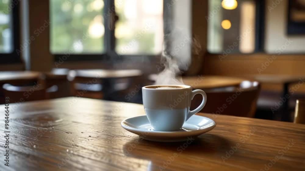 Hot coffee steam rises from the cup after the wooden table Hot coffee steam rises from the cup after the wooden table