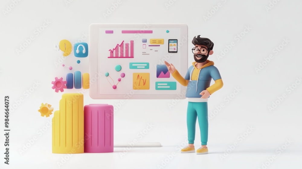 A 3D character presenting data on a digital screen with graphs and icons.