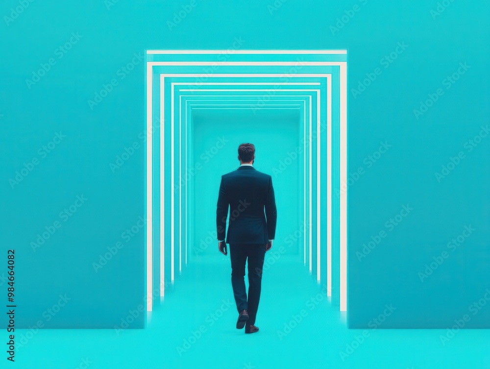 Businessman walking on a digital pathway, navigating through integrated solutions Businessman walking on a digital pathway, navigating through integrated solutions