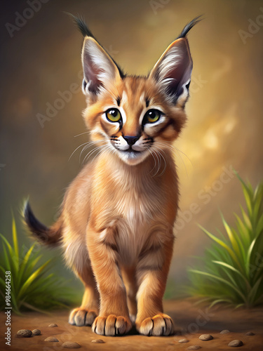 Illustration of Digital Painting of Caracal Kitten standing, with smile, full body