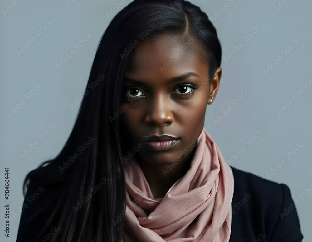a young African woman with dark skin, long straight black hair, and a serious expression wearing a black blazer against a dark grey background a young African woman with dark skin, long straight black hair, and a serious expression wearing a black blazer against a dark grey background