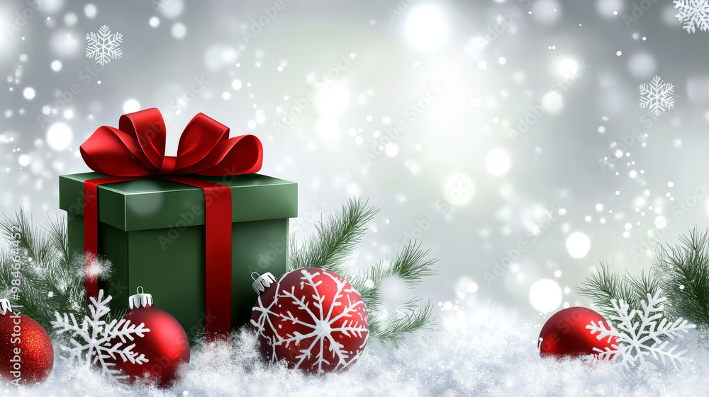 A beautifully wrapped green gift box with red bow sits among festive decorations, including red ornaments and snowflakes, creating cheerful holiday atmosphere A beautifully wrapped green gift box with red bow sits among festive decorations, including red ornaments and snowflakes, creating cheerful holiday atmosphere