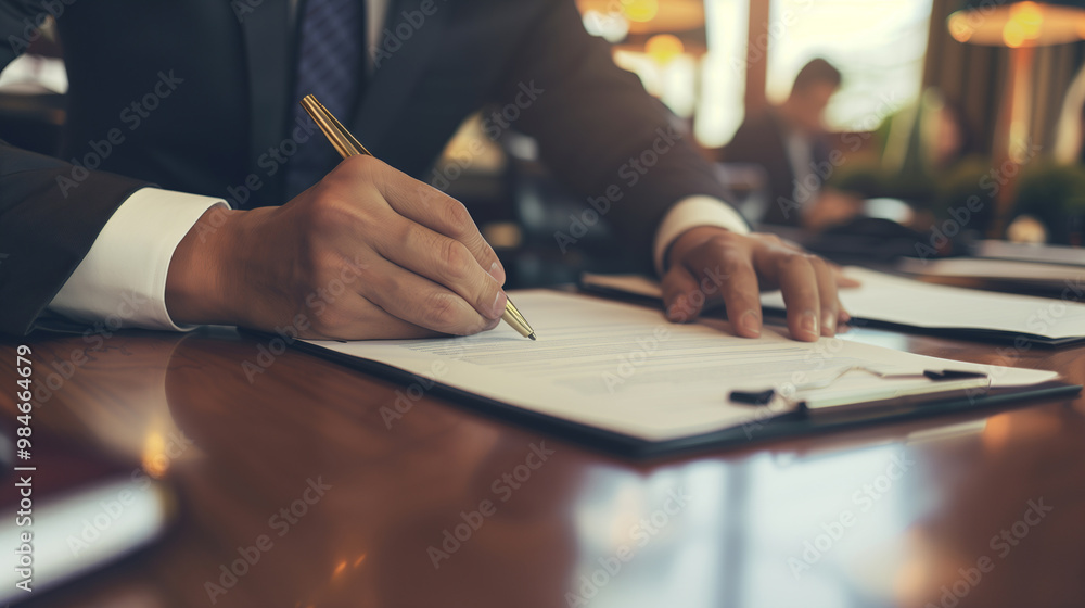 Confident businessman signing a contract with a focus on price guarantees and financial security, with blurred background financial documents symbolizing business stability.
Confident businessman signing a contract with a focus on price guarantees and financial security, with blurred background financial documents symbolizing business stability.
