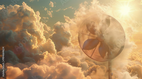 A giant fan installed in the sky, attempting to cool down the hot sun, with clouds being blown around like cotton candy, creating a surreal atmosphere photo