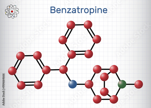 Benztropine molecule. It is used to treat Parkinson's disease. Molecule model. Sheet of paper in a cage. Vector photo