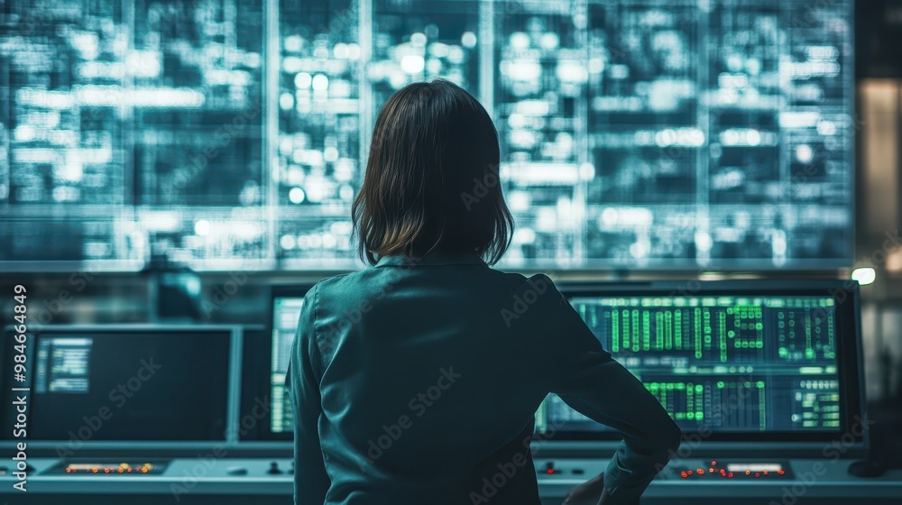 Woman Analyzing Data in Front of Large Display Screens Woman Analyzing Data in Front of Large Display Screens
