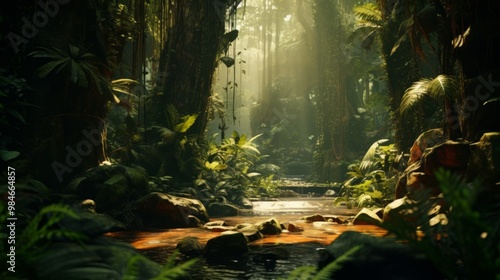 Tropical jungles of Southeast Asia with green wild plants. Neural network ai generated art