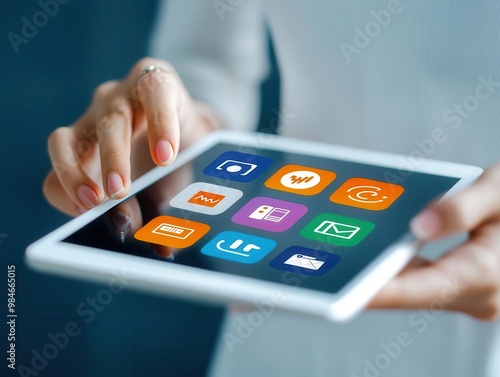 Businesswoman using a tablet with multiple apps seamlessly interacting, smart solutions for productivity