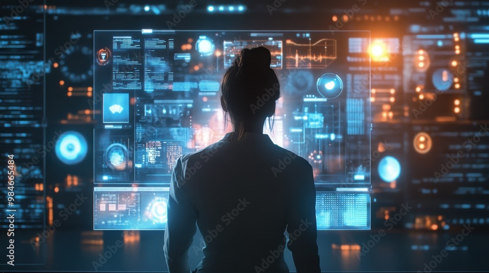 Futuristic Silhouette Overlooking Illuminated Technology Landscape Futuristic Silhouette Overlooking Illuminated Technology Landscape