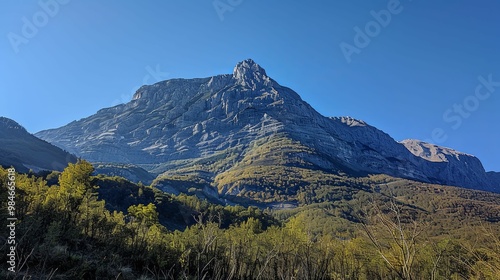 Majestic Mountain Peak with Forested Base Under a Clear Blue Sky