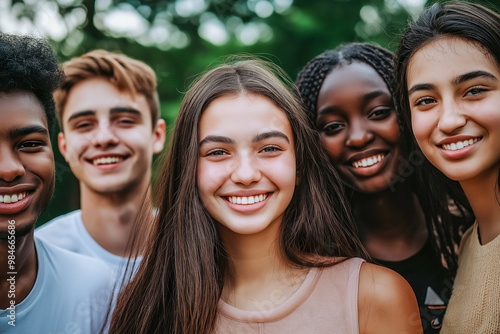 Group of diverse teenagers smiling outdoors, close-up of their faces with a natural background. Represents friendship, diversity, and unity among youth from different ethnic backgrounds