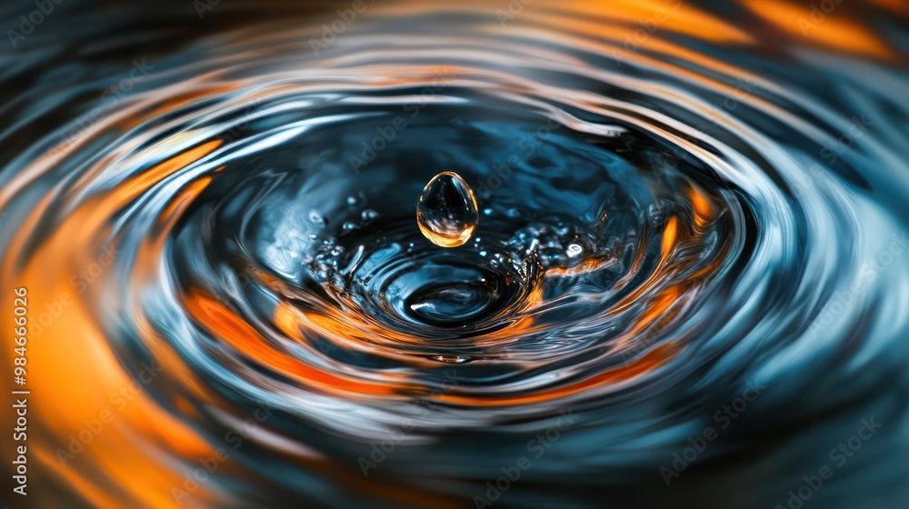 An oil drop and water vortex, captured in motion as the drop spins amidst swirling liquid. An oil drop and water vortex, captured in motion as the drop spins amidst swirling liquid.
