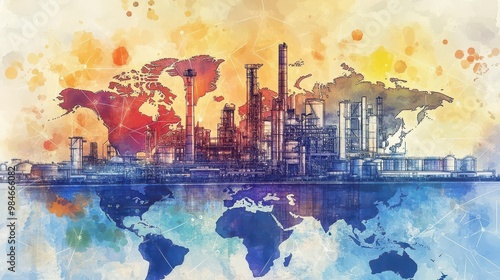 Factory and digital connections over a global map, international business growth, Watercolor style