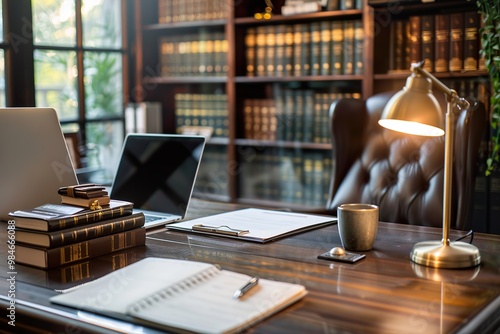 A desk with a laptop, a cup, and a stack of books. Generative AI