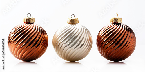 Three Christmas balls baubles colorful in a row isolated on a white background