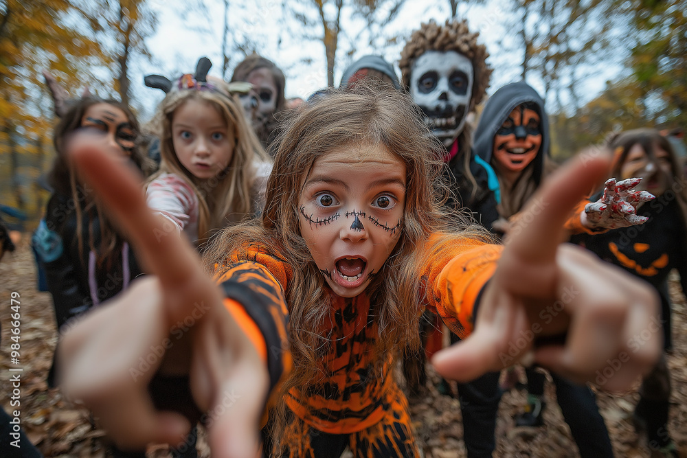 Happy halloween 12 year olds with halloween outfits, stretching their hand towards the camera