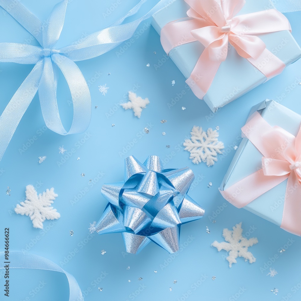 Elegant wrapped gifts with pink and blue ribbons. Christmas flat lay with light blue background. Elegant wrapped gifts with pink and blue ribbons. Christmas flat lay with light blue background.