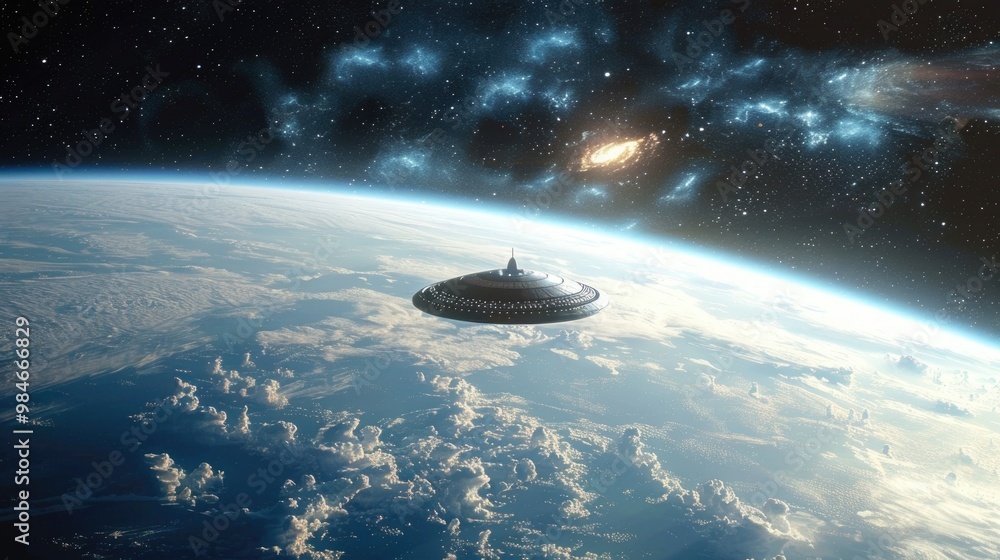 Spaceship hovering over Earth with galaxy in background, science fiction, space exploration, futuristic, extraterrestrial, cinematic, otherworldly, adventure concept Spaceship hovering over Earth with galaxy in background, science fiction, space exploration, futuristic, extraterrestrial, cinematic, otherworldly, adventure concept