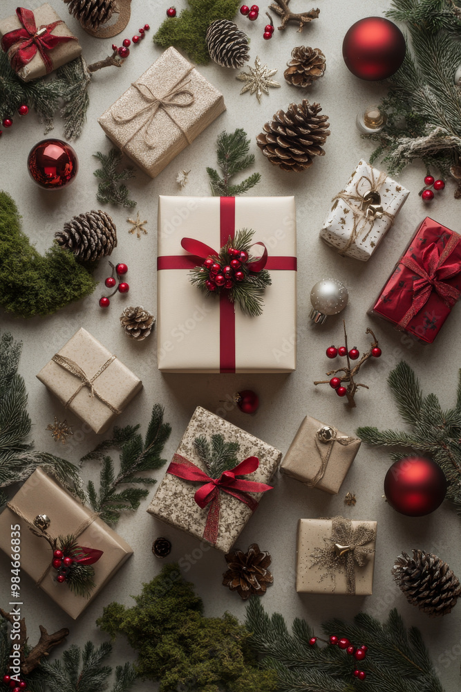 Festive holiday gifts arranged beautifully with pinecones, red ornaments, and greenery create warm and joyful atmosphere. Perfect for celebrating season! Festive holiday gifts arranged beautifully with pinecones, red ornaments, and greenery create warm and joyful atmosphere. Perfect for celebrating season!