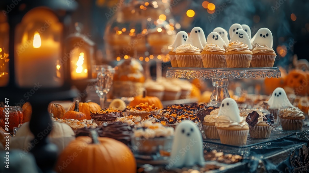 Realistic close-up of a spooky dessert table in a Western-themed Halloween party, with antique glasses, ghost-shaped cupcakes, and flickering lanterns, with ample space in the background for text Realistic close-up of a spooky dessert table in a Western-themed Halloween party, with antique glasses, ghost-shaped cupcakes, and flickering lanterns, with ample space in the background for text