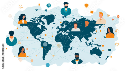 Global Collaboration, multicultural team working together, interconnected by lines on a world map background