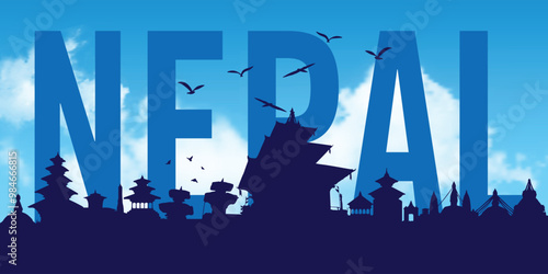Nepal skyline and landmarks silhouette, black and white design, vector illustration.