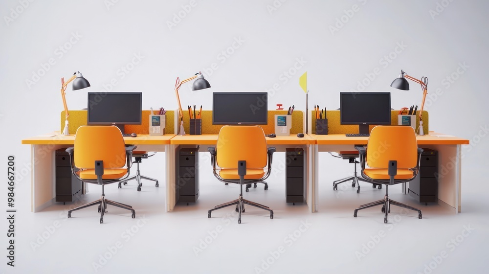 A modern office workspace with orange chairs and multiple computer stations. A modern office workspace with orange chairs and multiple computer stations.