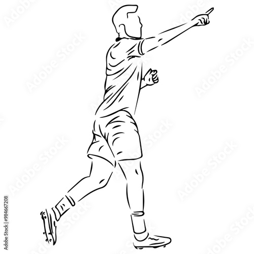 men football player standing and running celebrationline art illustration in black and white