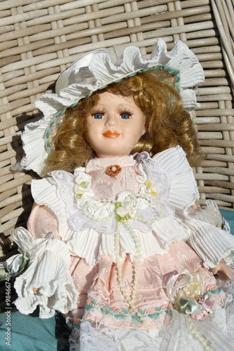 Porcelain vintage doll with curly hair wearring beautiful dress.