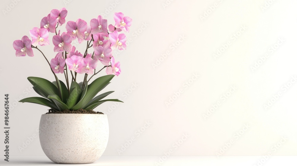 A beautiful arrangement of pink orchids in a decorative pot, enhancing interior decor. A beautiful arrangement of pink orchids in a decorative pot, enhancing interior decor.