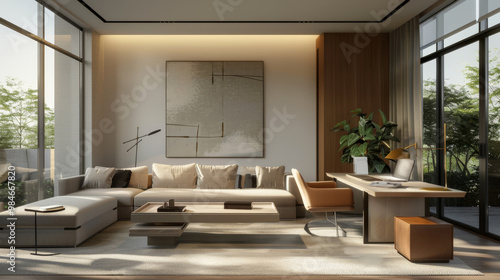 Modern home office with light furniture and clean lines, featuring spacious layout filled with natural light. design combines comfort and style, creating an inviting atmosphere