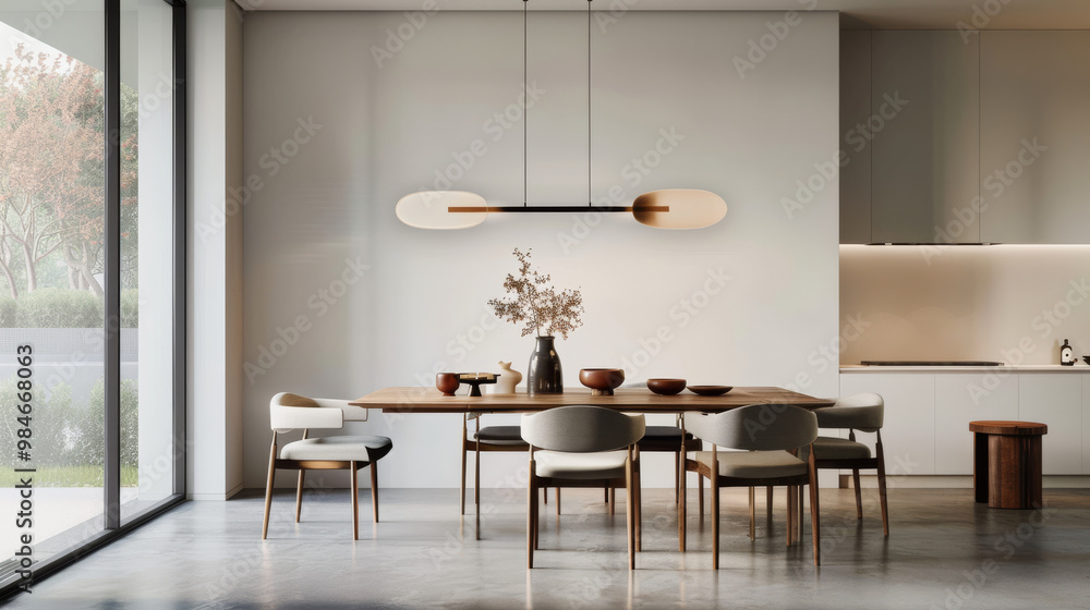A minimalist dining room features sleek wooden table surrounded by elegant chairs, complemented by stylish light fixture. serene atmosphere is enhanced by natural light and simple decor A minimalist dining room features sleek wooden table surrounded by elegant chairs, complemented by stylish light fixture. serene atmosphere is enhanced by natural light and simple decor