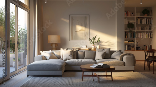 Cozy living room with sectional sofa in light tones, featuring natural light and serene atmosphere. space is inviting and perfect for relaxation