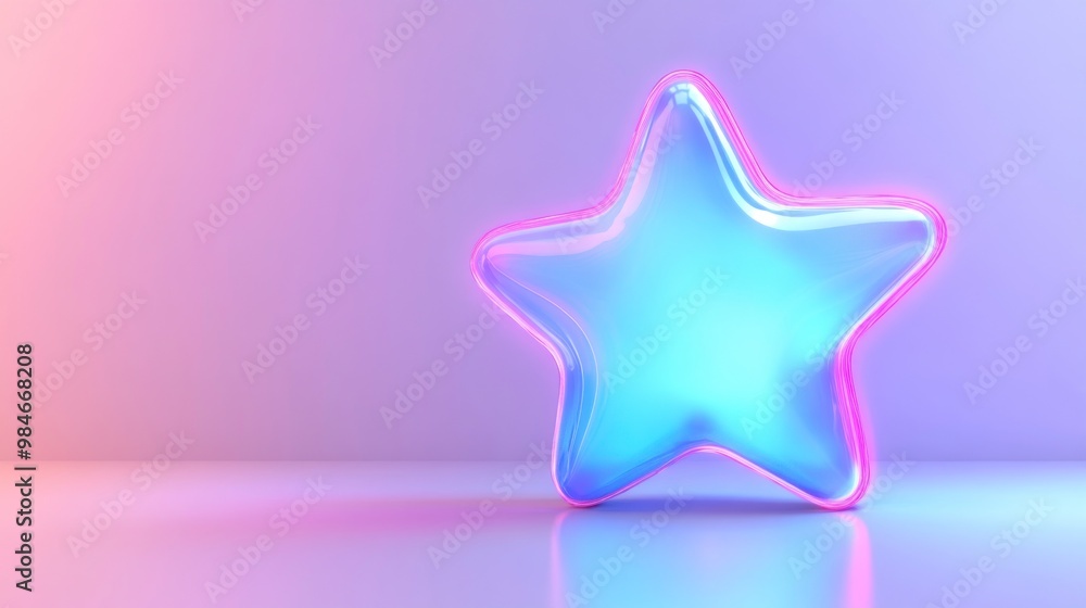 A glowing star-shaped object in vibrant blue and pink tones on a smooth surface.