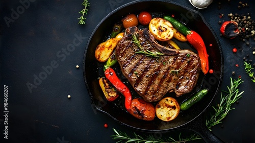 Steak with grilled vegetables in a cast-iron pan on a dark background, top view. Close-up of a food dish with steaks and greens for a presentation or promotional campaign of a restaurant or fast-food  photo