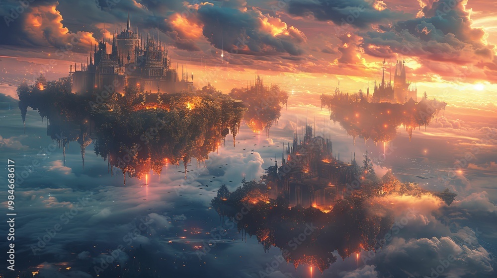 Floating Cities Amidst a Dramatic Sunset with Glowing Lights Floating Cities Amidst a Dramatic Sunset with Glowing Lights