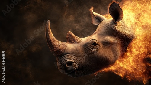 A powerful rhinoceros head emerging from flames, symbolizing strength and resilience in a dramatic and artistic manner.