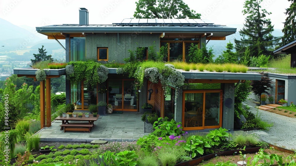 Modern, Green-Roofed Home with a Patio and Lush Gardens Modern, Green-Roofed Home with a Patio and Lush Gardens