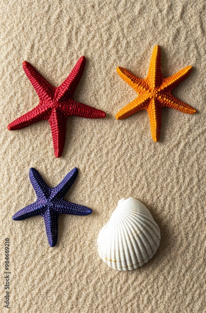 Colorful starfish in vibrant hues alongside a white seashell create a striking beach display on soft sandy shores Colorful starfish in vibrant hues alongside a white seashell create a striking beach display on soft sandy shores