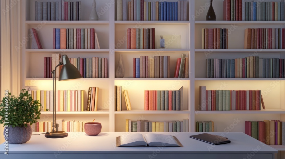 Cozy study space with bookshelves, desk, lamp, and decorative elements. Cozy study space with bookshelves, desk, lamp, and decorative elements.