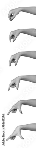 Set of different hand and arm gestures. Female hands holding, pinching, gripping, and showing photo