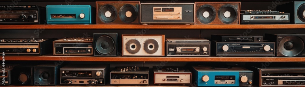 Obraz premium A vintage collection of audio devices displayed on a sleek wooden shelf, showcasing a variety of retro electronics.