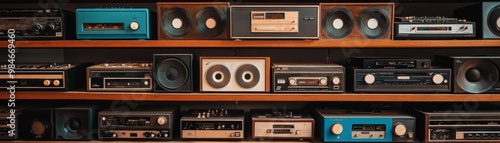 A vintage collection of audio devices displayed on a sleek wooden shelf, showcasing a variety of retro electronics. photo