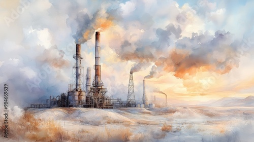 An industrial landscape featuring smokestacks, emitting smoke against a colorful sky at sunset. Captures the essence of manufacturing. photo