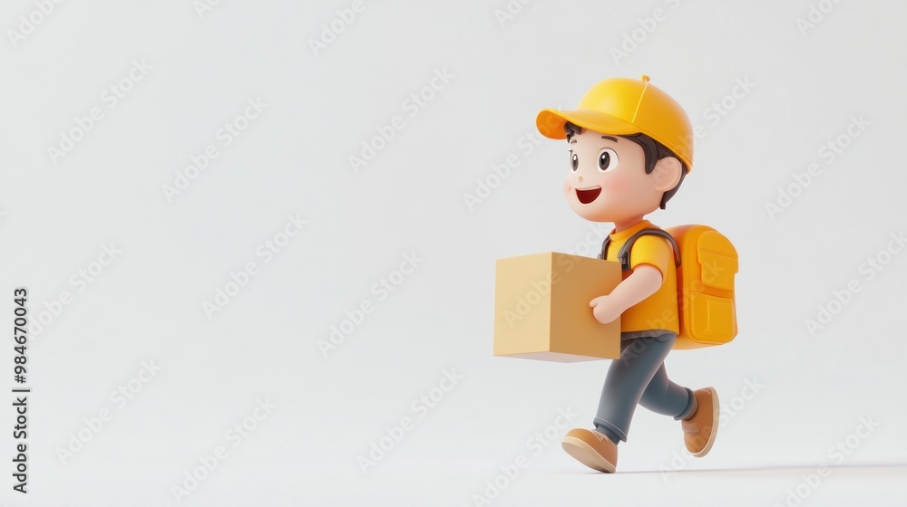 A cheerful cartoon boy with a backpack carrying a box, symbolizing delivery or logistics. A cheerful cartoon boy with a backpack carrying a box, symbolizing delivery or logistics.